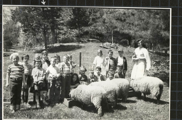 First Grade class trip to Eric Sibelius farm,1958, Eric Sibelius, Margo Hand, Patti Keane,  Anahid Kavookjian, Sharon Risola, Jenny Barnard, Ricky Rudamanski, Marylou Falciony, Debbie Swift, Denis Gavin, Mike Carrol? Jerry Gartwhait 